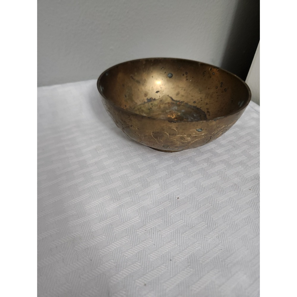 Vintage Etched Brass Bowl Floral Design Hand Crafted Decorative Dish Patina